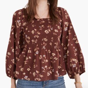 Madewell Smocked Peplum Blouse Floral Burgundy Lightweight Cotton Square Neck